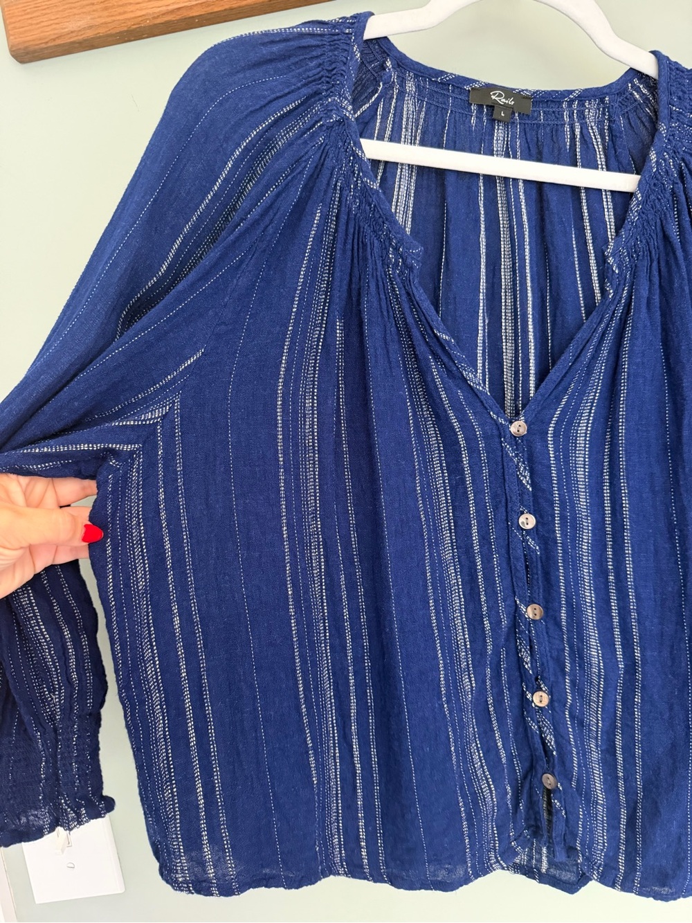 Rails "Mariah" Noja Stripe Blue Linen Blend Shell Button Down Peasant Blouse Top - Picture 5 of 15